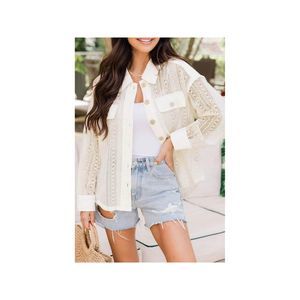 Azura Exchange  Beige Lace See-through Button Collared Shacket